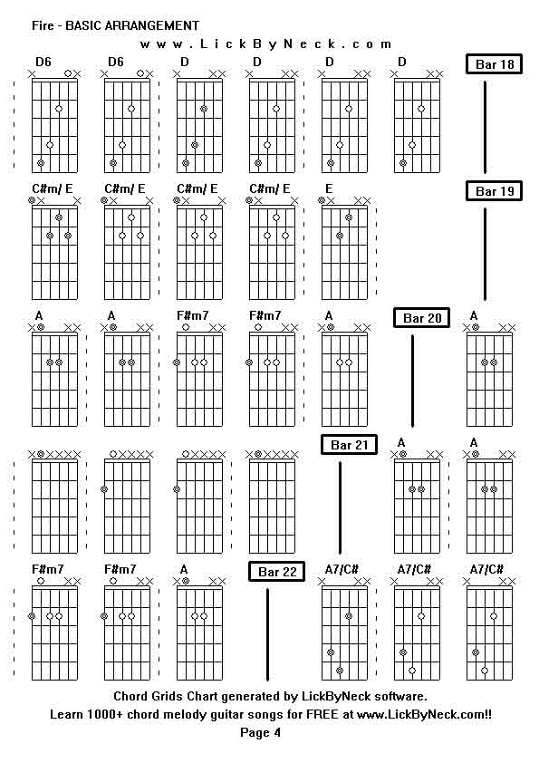 Chord Grids Chart of chord melody fingerstyle guitar song-Fire - BASIC ARRANGEMENT,generated by LickByNeck software.